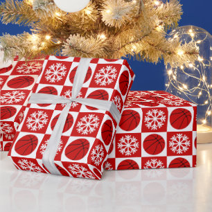 Papel De Regalo Navidades Baloncesto Copo de Nieve Rojo y Blanco