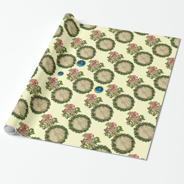 PAPEL DE REGALO NAVIDADES BANJO, MISTLETAS, BORRÍAS SANTAS, GEMAS  (Desenrollado)