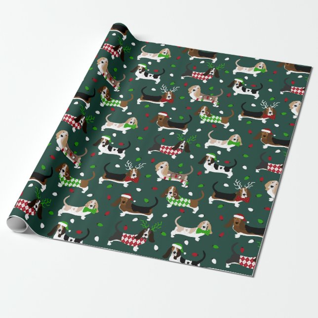 Papel De Regalo Navidades Basset Hound Forest Green (Desenrollado)