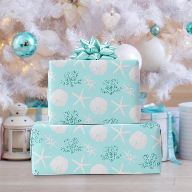 Papel De Regalo Navidades Beach Sand Dollar Starfish Aqua Blue (Subido por el creador)