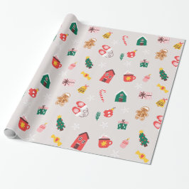 Papel De Regalo Navidades beiges rojos y verdes ilustrados