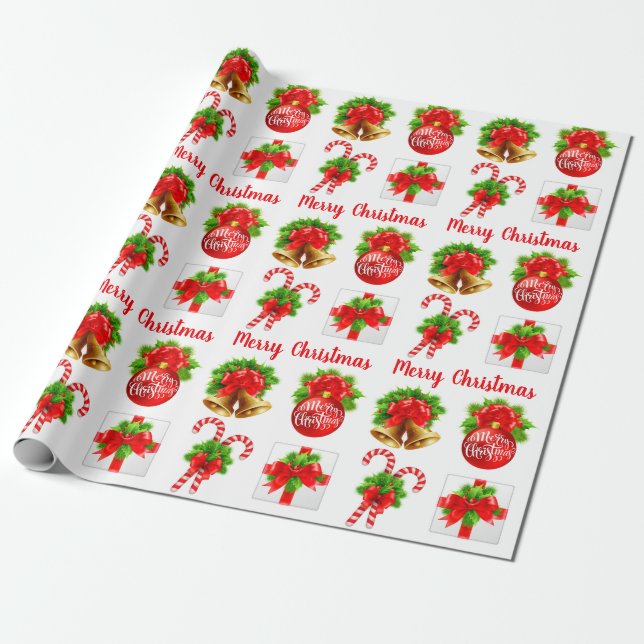 Papel De Regalo Navidades Bells Balls Candy Cane & Gift (Desenrollado)