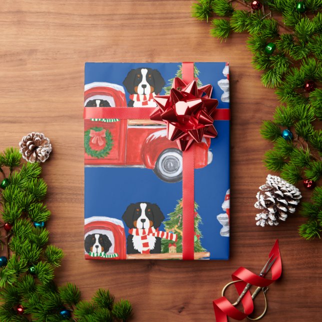 Papel De Regalo Navidades Bernese Mountain Dogs Red Truck Blue (Regalo de vacaciones)