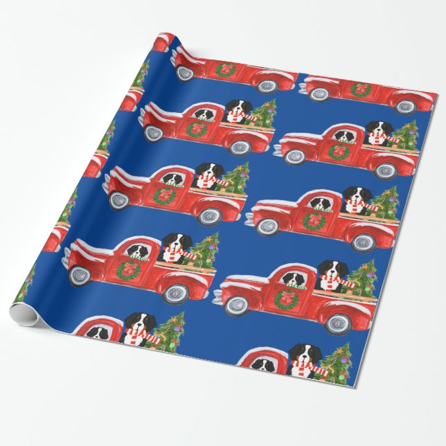 Papel De Regalo Navidades Bernese Mountain Dogs Red Truck Blue (Desenrollado)