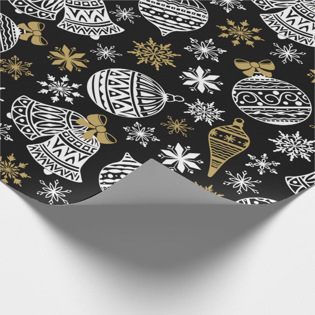 Papel De Regalo Navidades Black Gold Bells Baubles Snowflake (Esquina)