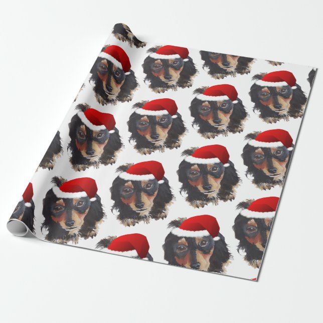 Papel De Regalo Navidades Black Tan Long Haired Doxie Santa Hat (Desenrollado)