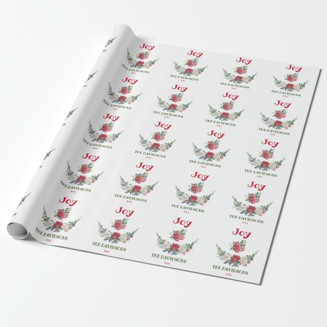 Papel De Regalo Navidades blancos rojos Floral Joy Holidays Monogr (Desenrollado)