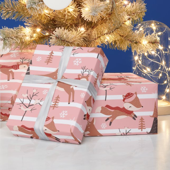 Papel De Regalo Navidades blancos y rosados de renos con copas de  (Vacaciones)