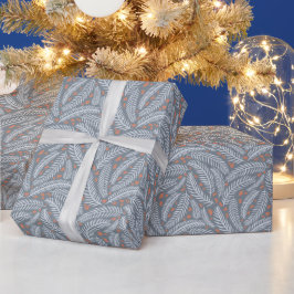 Papel De Regalo Navidades Botánicos Azul Dusto Hoja De Árbol De Pi