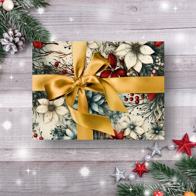 Papel De Regalo Navidades botánicos rojos de invierno rústico vint (ELEGANT RED AND WHITE FLORAL CHRISTMAS WRAPPING PAPER )