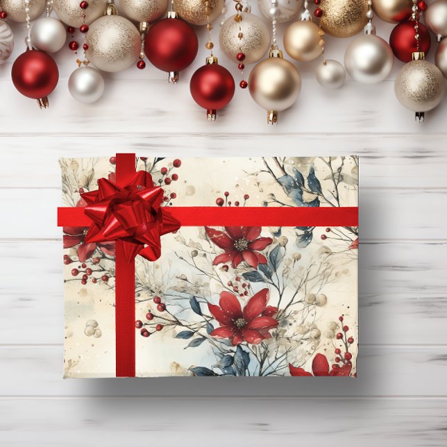Papel De Regalo Navidades botánicos rojos de invierno rústico vint (Red floral Christmas wrapping paper)