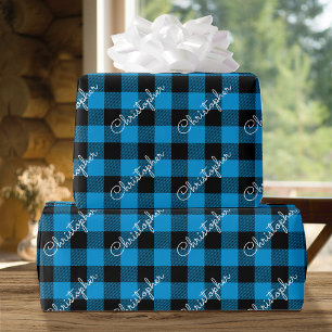 Papel De Regalo Navidades Buffalo Plaid Custom Name Rustic Blue