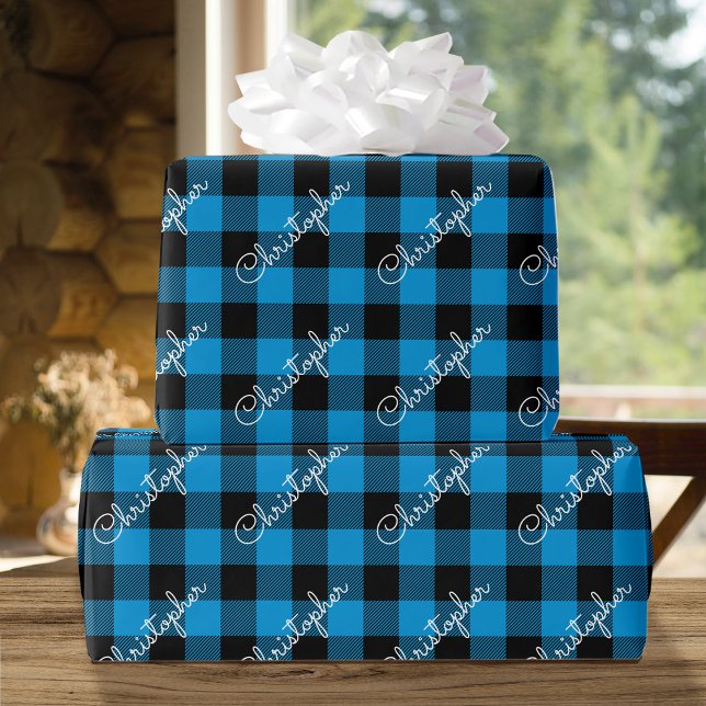 Papel De Regalo Navidades Buffalo Plaid Custom Name Rustic Blue (Subido por el creador)