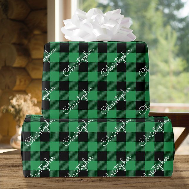 Papel De Regalo Navidades Buffalo Plaid Custom Name Rustic Green (Subido por el creador)
