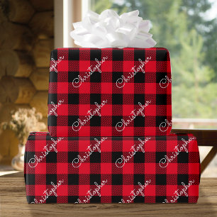 Papel De Regalo Navidades Buffalo Plaid Custom Name Rustic Red