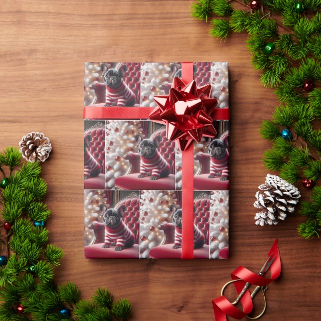 Papel De Regalo Navidades Bulldog Francés Sobre El Presidente Rojo (Regalo de vacaciones)