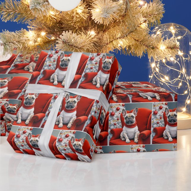 Papel De Regalo Navidades Bulldog francés sobre un presidente rojo (Vacaciones)