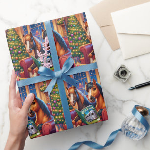 Papel De Regalo Navidades Caballos En Sofá Con Libro De Deseos De