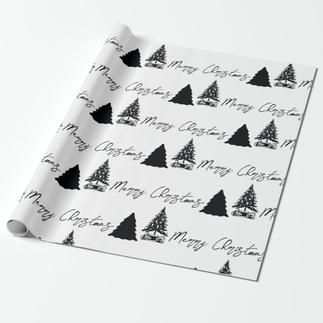 Papel De Regalo Navidades caligrafía navideña Black White Merry (Desenrollado)