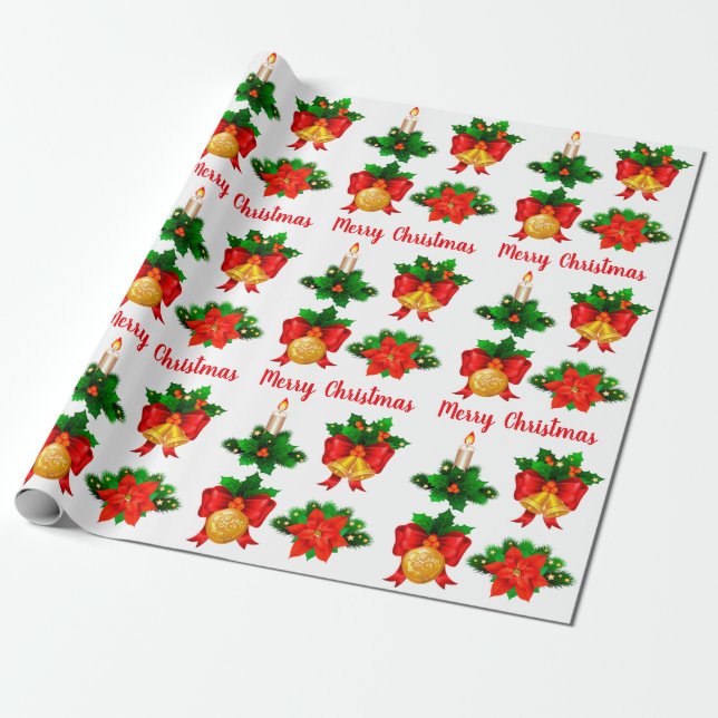 Papel De Regalo Navidades Candle Bells Ribbon Poinsettia Flower (Desenrollado)