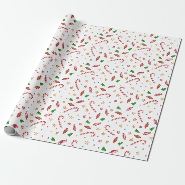 Papel De Regalo Navidades Candy Cane Stars Watercolor Holiday (Desenrollado)