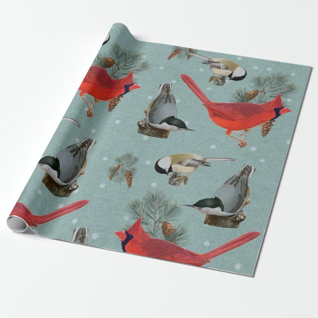 Papel De Regalo Navidades Cardenal de aves Nuthatch Chickadee Niev (Desenrollado)