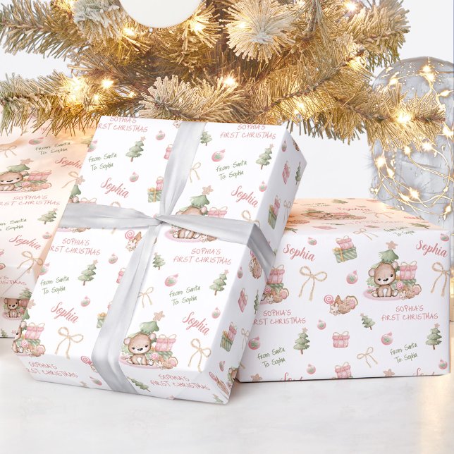 Papel De Regalo Navidades Chica de oso Navidades de texto de nombr (Christmas Bear Girl Pink Name Text Christmas Wrapping Paper)