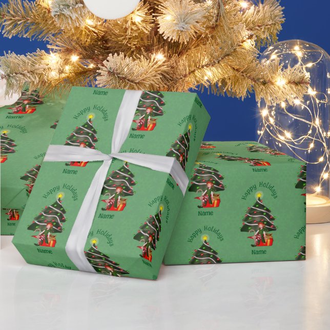 Papel De Regalo Navidades Chica Elf Tree Presentar Cute Personaliz (Vacaciones)