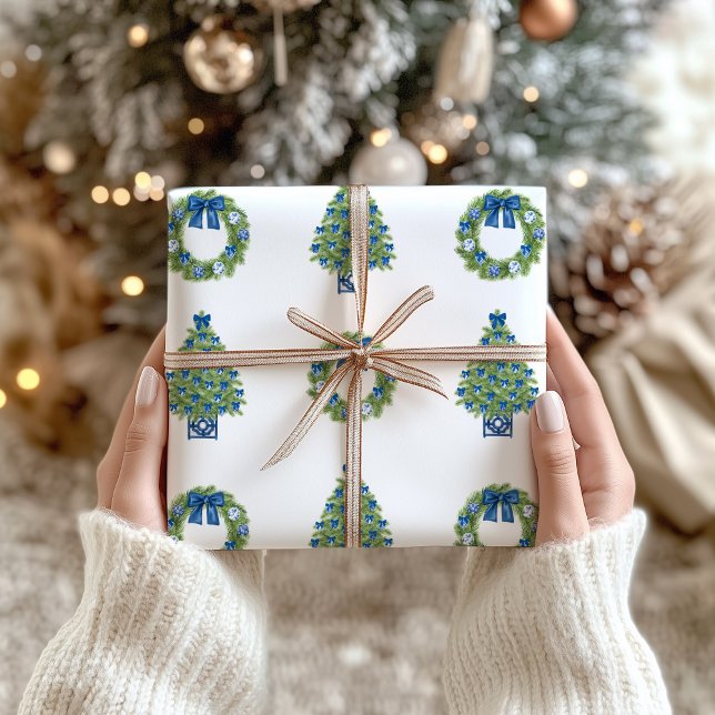 Papel De Regalo Navidades Chinoiserie Azul y Blanco (Chinoiserie Christmas Tree and Wreath Gift Wrapping Paper)