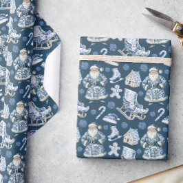 Papel De Regalo Navidades Chinoiserie azul y blanco Santa
