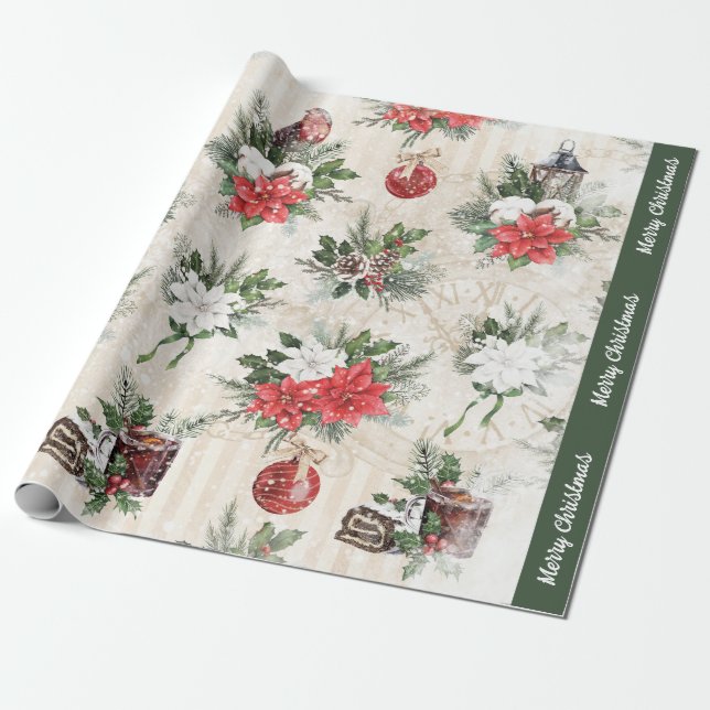 Papel De Regalo Navidades clásicos de algodón de poinsettia rojo y (Desenrollado)
