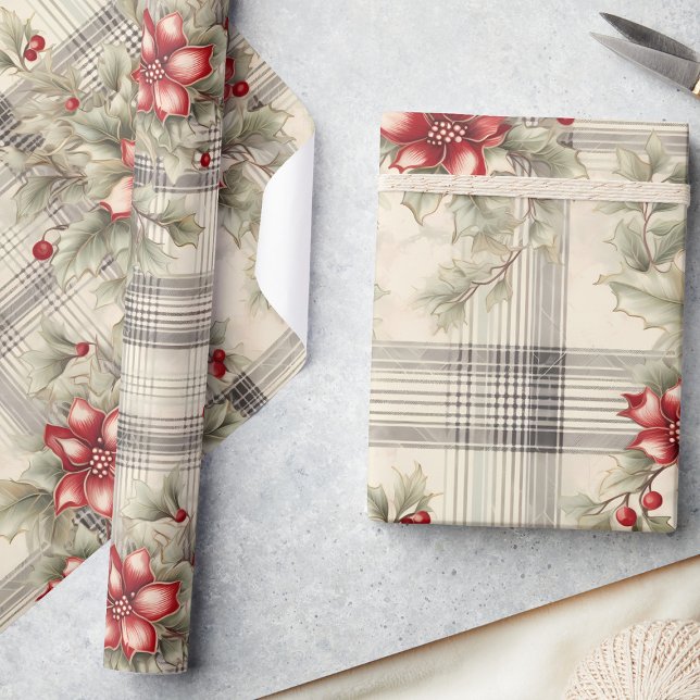 Papel De Regalo Navidades clásicos de Poinsettia Roja Tartán (Subido por el creador)