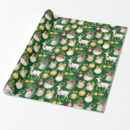 Papel De Regalo Navidades clásicos renos y adornos verdes