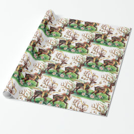 Papel De Regalo Navidades clásicos renos y campanas de oro