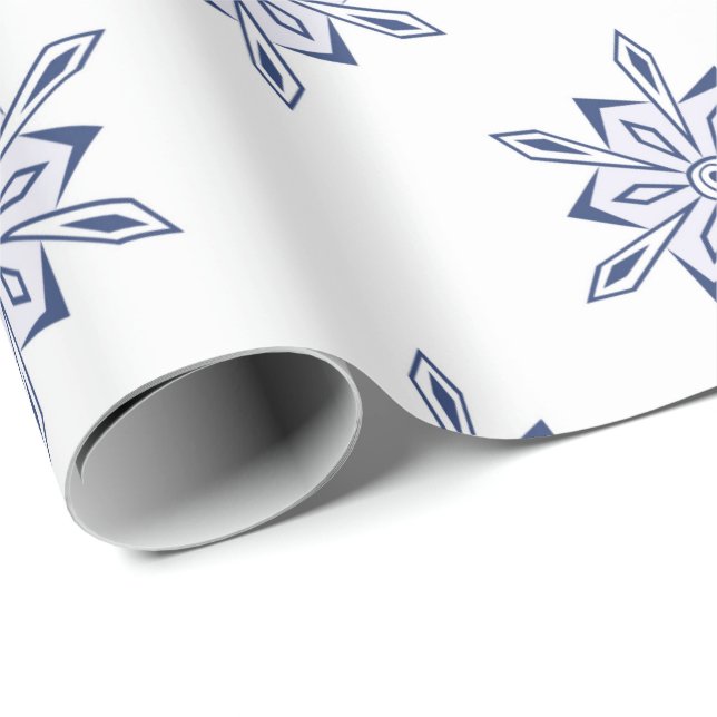 Papel De Regalo Navidades con copos de nieve azules sobre blanco (Esquina del rollo)