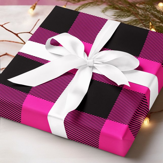 Papel De Regalo Navidades con manto de búfalo negro y rosado calie (Hot Pink and Black Buffalo Plaid Christmas Wrapping Paper)