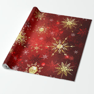Papel De Regalo Navidades Copos de nieve dorados con fondo rojo