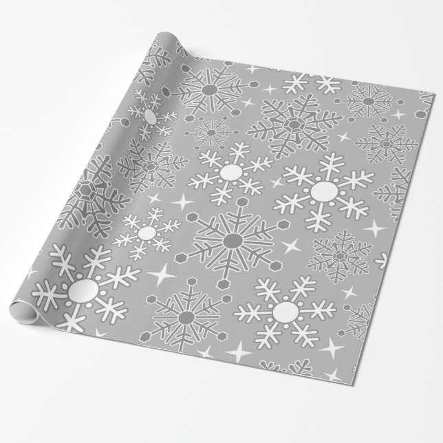 Papel De Regalo Navidades copos de nieve patrón gris plateado (Desenrollado)