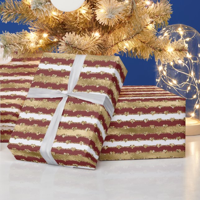Papel De Regalo Navidades Corazones Purpurinas de franjas blancas  (Vacaciones)