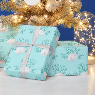 Papel De Regalo Navidades costeros Aqua Blue Starfish Sand Dollar