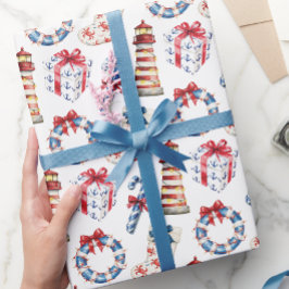 Papel De Regalo Navidades costeros azul y rojo náutico