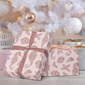 Papel De Regalo Navidades costeros caballito de mar Rosa Purpurina