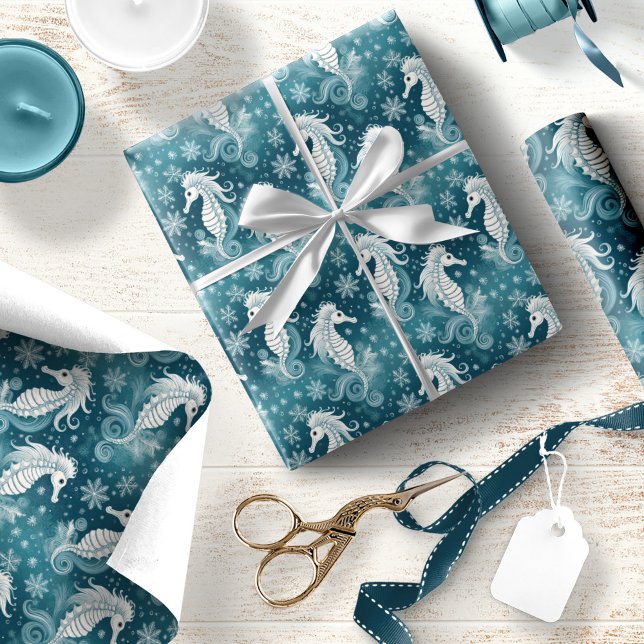 Papel De Regalo Navidades costeros caballitos de mar y copos de ni (Subido por el creador)
