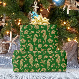 Papel De Regalo Navidades costeros Patrón caballito de mar Oro Ver