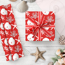 Papel De Regalo Navidades costeros Starfish Sand Dollar Rojo