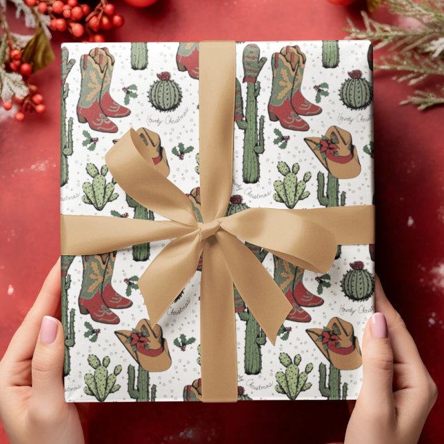 Papel De Regalo Navidades Country Cowboy Howdy (Festive Country Xmas Hand-Drawn Art. Cowboy Boots, Cacti, Winter Gloves, Poinsettia, Holly & Stars.)
