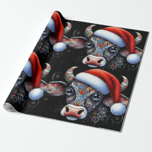 Papel De Regalo Navidades Cow Bull con Santa Hat Arte Popular Mexi