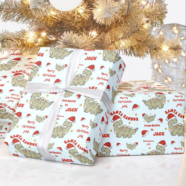 Papel De Regalo Navidades Cute Dinosaurio Santasauro Nombre Azul (Cute Christmas Dinosaur Santasaurus Blue Name Wrapping Paper)