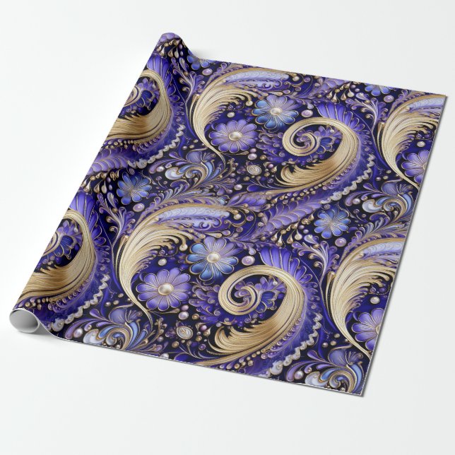 Papel De Regalo Navidades Cute Gold/Violet/Paisley (Desenrollado)
