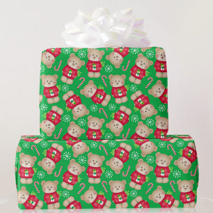 Papel De Regalo Navidades Cute Teddy Bears Candy Canes Rojo Verde